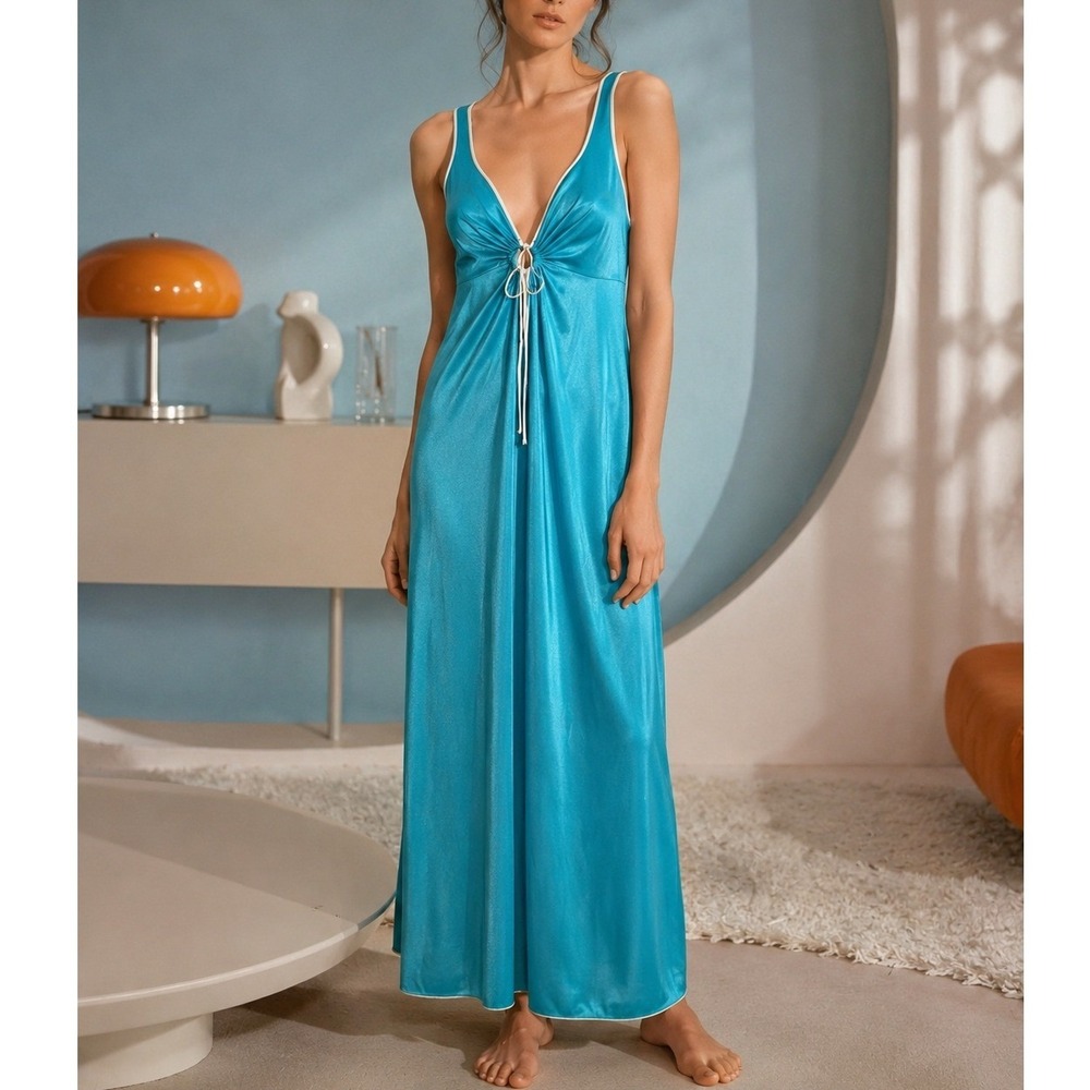 VINTAGE 1960s VASSARETTE Turquoise Satin Nightgown Maxi Slip Dress - Picture 1 of 11